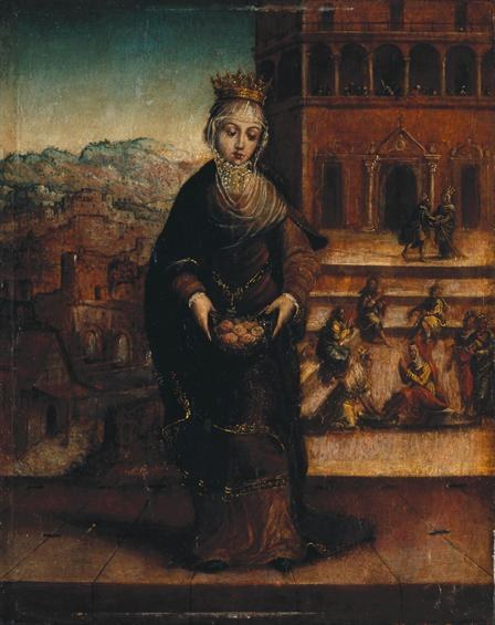 Pintura antiga da Rainha Santa Isabel de Portugal com as rosas do milagre, séc. XVI, Museu Machado de Castro